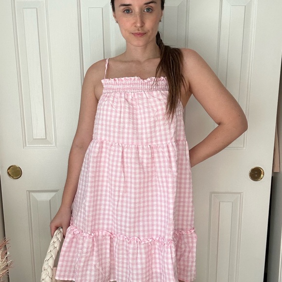 Pink Gingham Tiered Summer Mini Dress - Picture 3 of 4